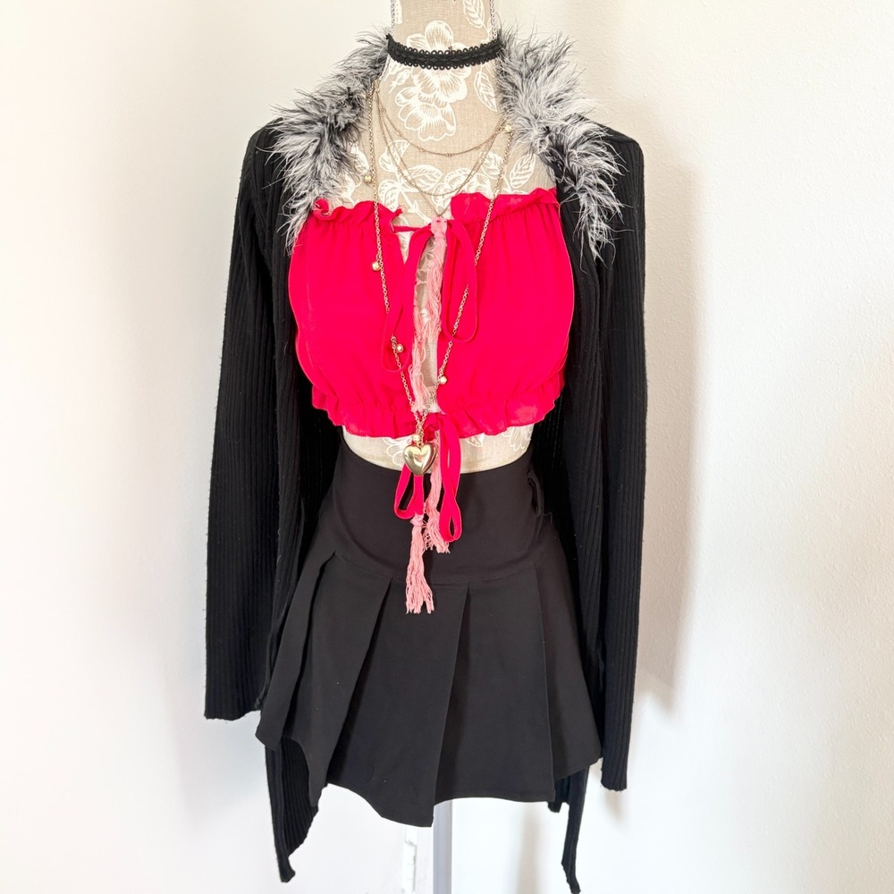 The Great American Sweater Womens S Black Ribbed Fur Trim Maxi Cardigan